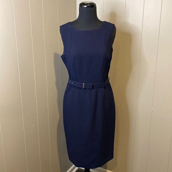 Anne Klein 4P Midi Sheath Dress Back Zipper Sleeveless Belt Satiny Lining - Picture 1 of 8